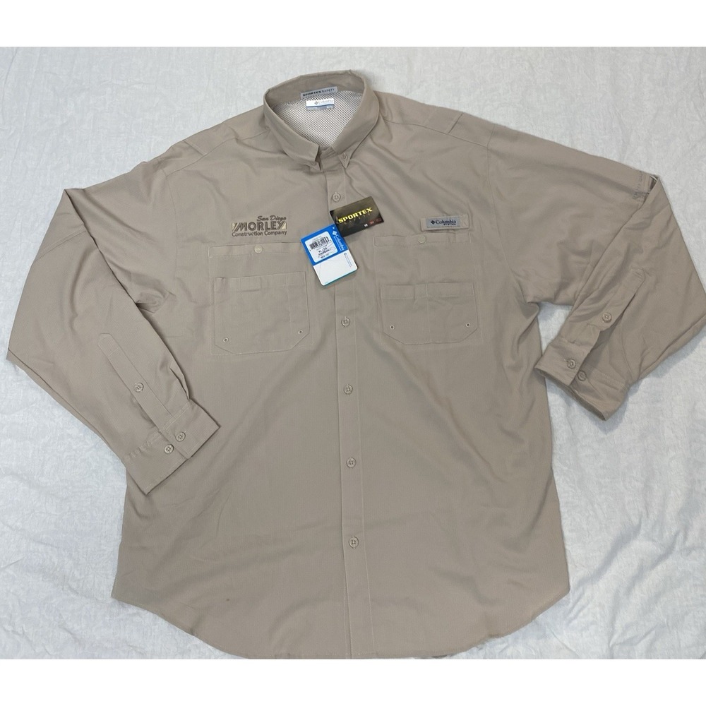 Columbia PFG XL Tall Tan Fishing Shirt Omni-Shade Vented Logo w/ Spot